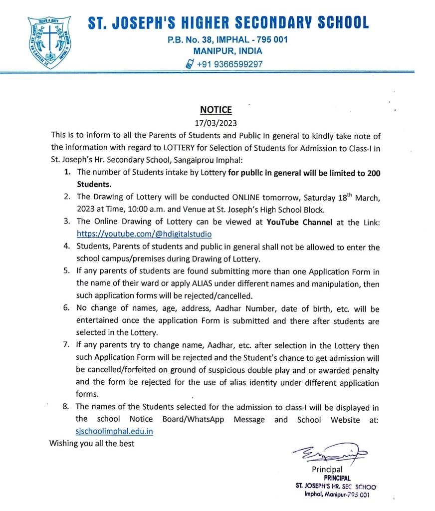 LOTTERY for Selection of Students for Admission to Class-I